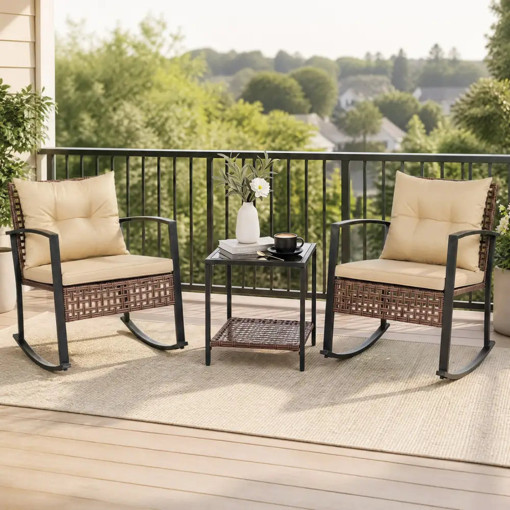 3-Piece Outdoor Rocking Chair Set-Brown - Brown - Patio Dining Sets