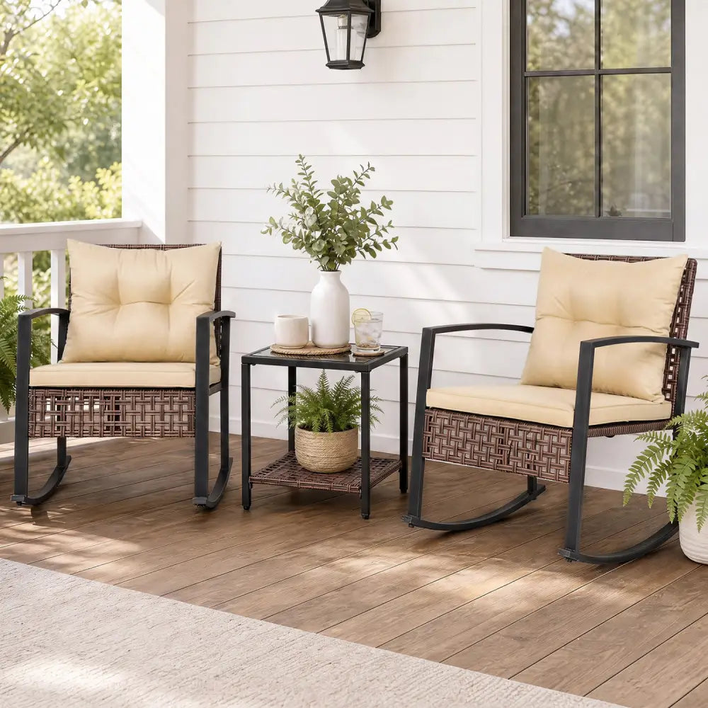 3-Piece Outdoor Rocking Chair Set-Brown - Brown - Patio Dining Sets