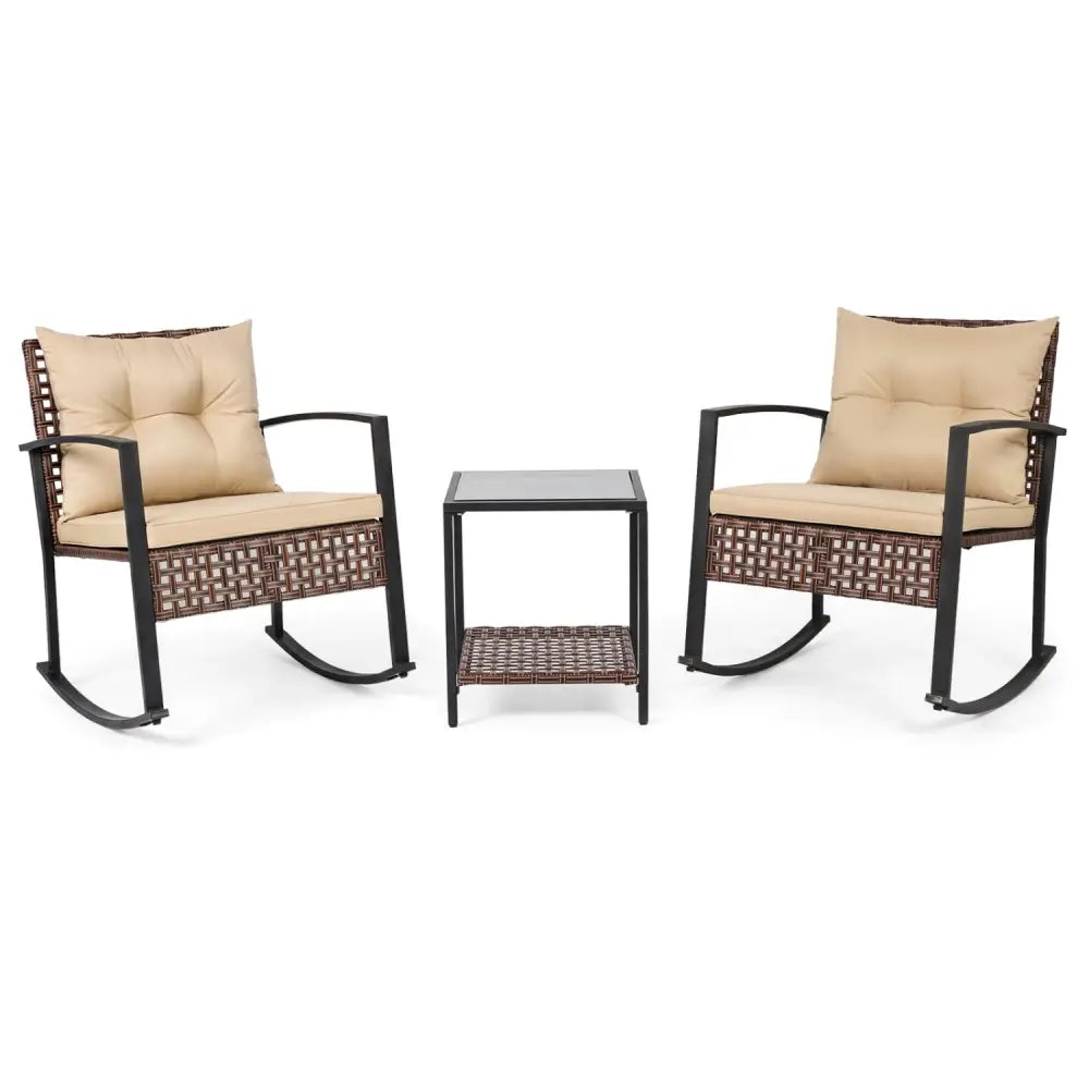 3-Piece Outdoor Rocking Chair Set-Brown - Brown - Patio Dining Sets