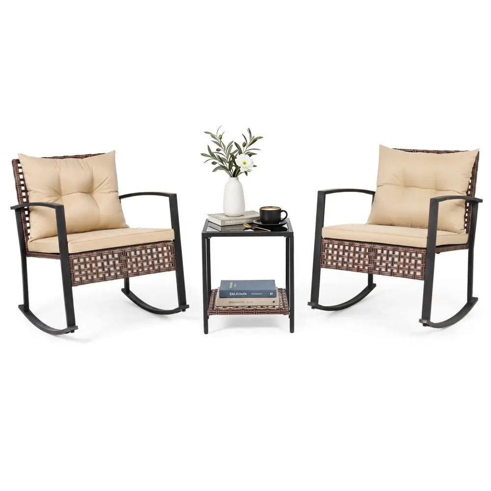 3-Piece Outdoor Rocking Chair Set-Brown - Brown - Patio Dining Sets