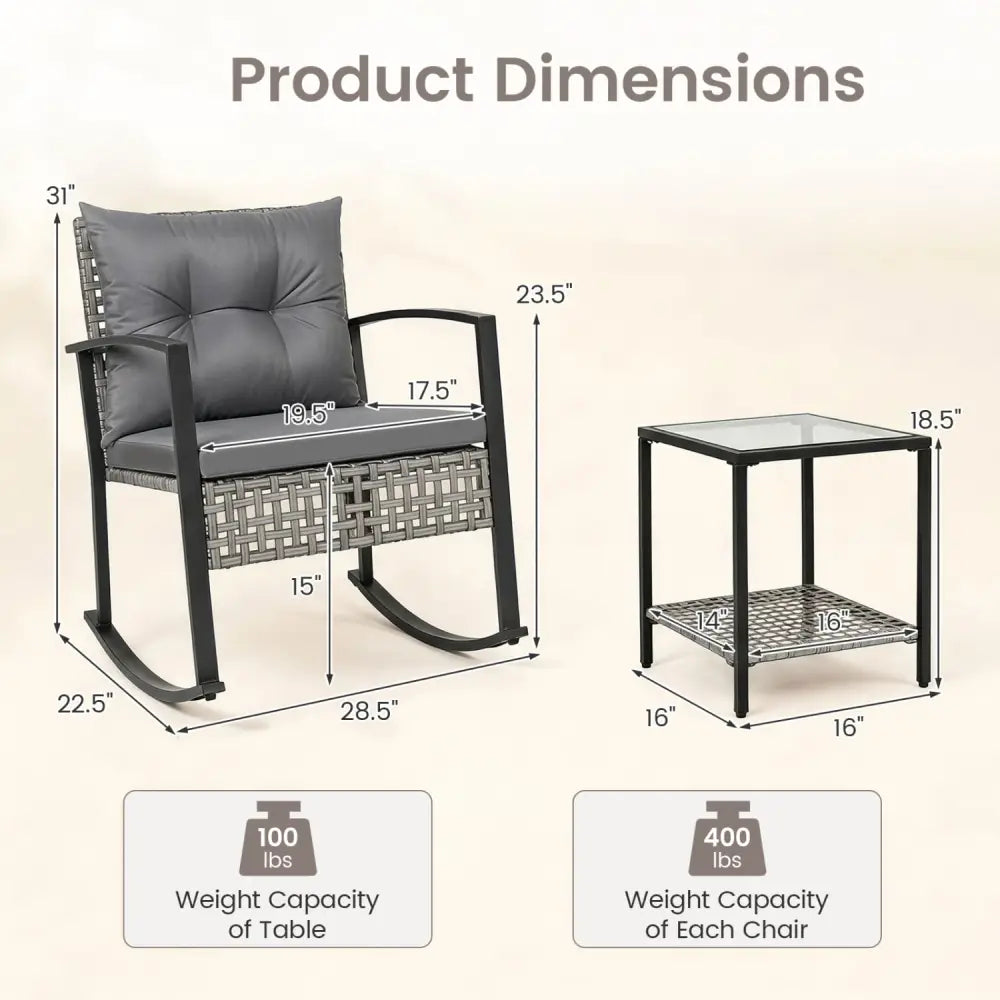 3-Piece Outdoor Rocking Chair Set for Garden-Gray - Gray - Patio Rocking Chairs & Gliders