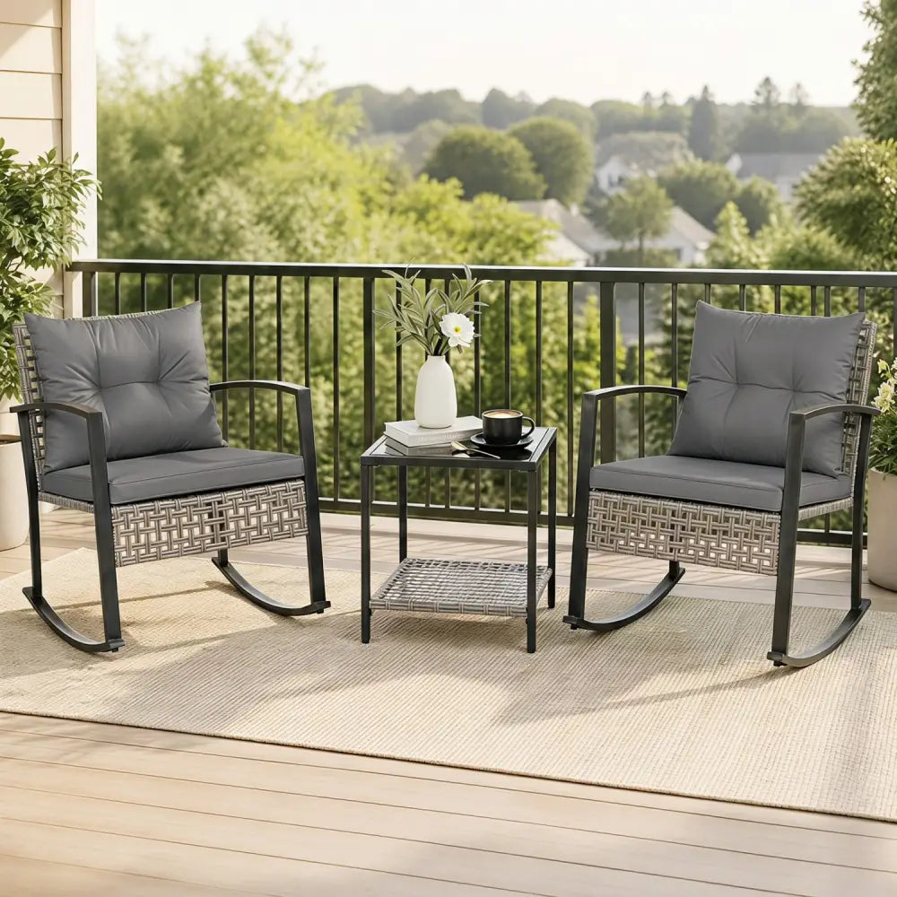3-Piece Outdoor Rocking Chair Set for Garden-Gray - Gray - Patio Rocking Chairs & Gliders