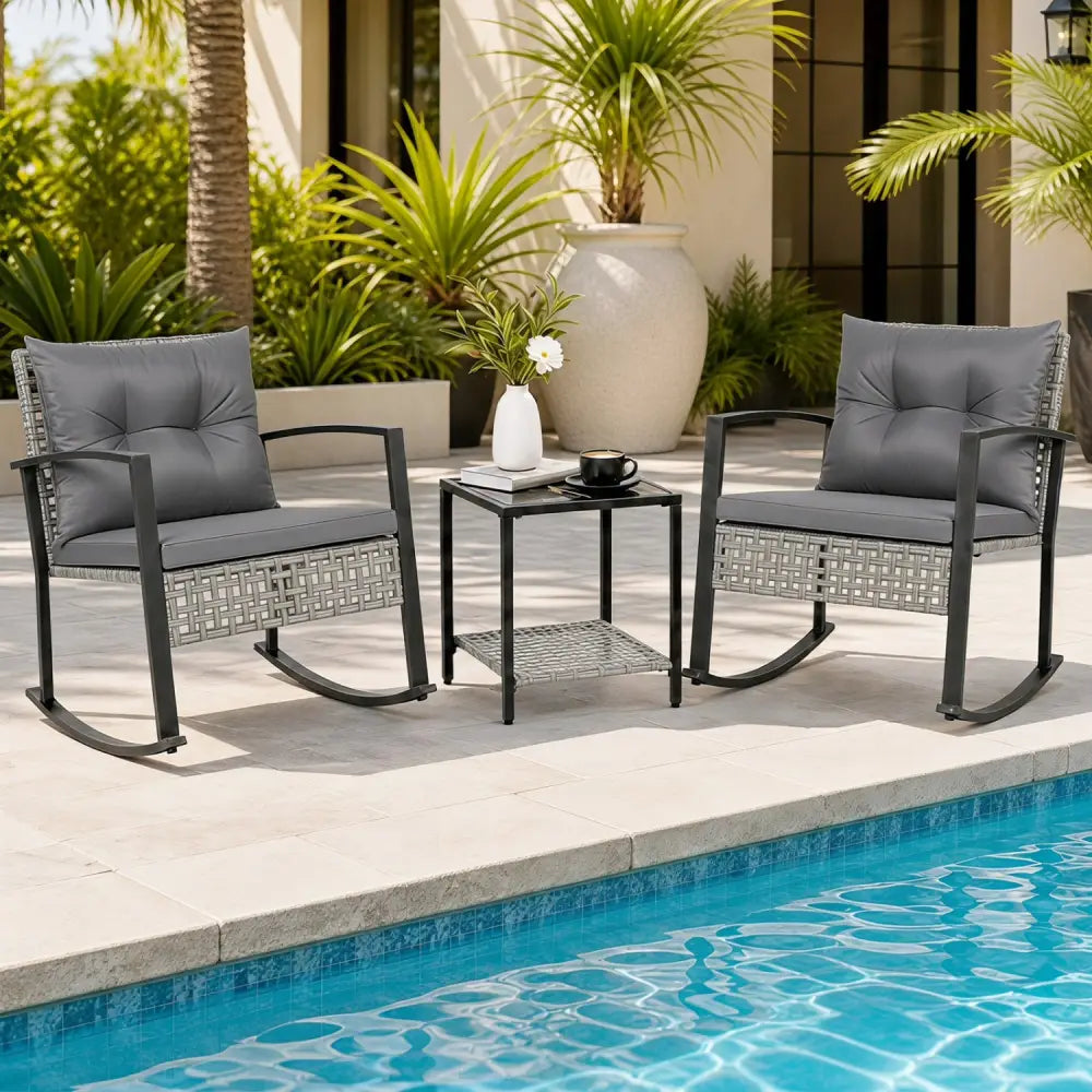 3-Piece Outdoor Rocking Chair Set for Garden-Gray - Gray - Patio Rocking Chairs & Gliders