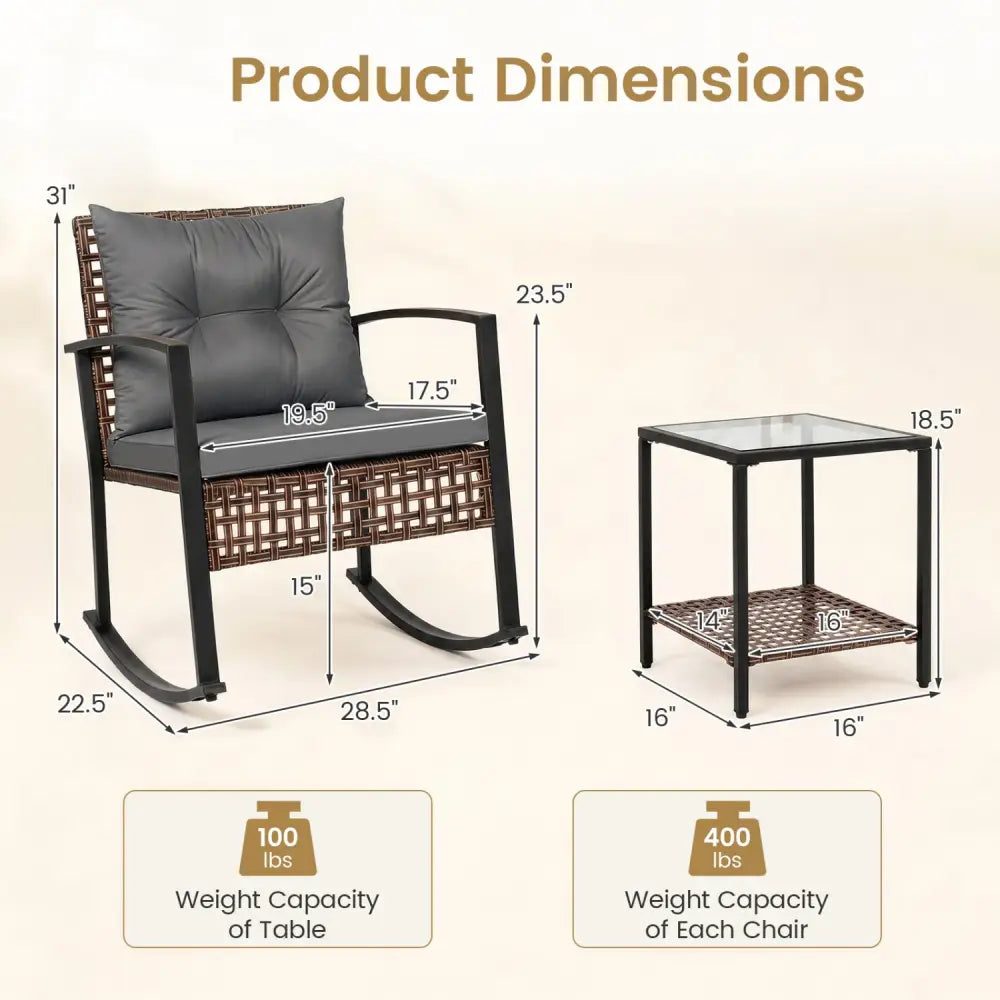 3-Piece Outdoor Rocking Chair Set-Gray - Gray - Patio Dining Sets
