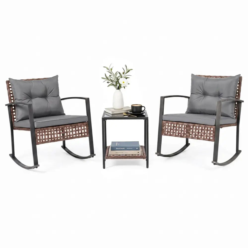 3-Piece Outdoor Rocking Chair Set-Gray - Gray - Patio Dining Sets