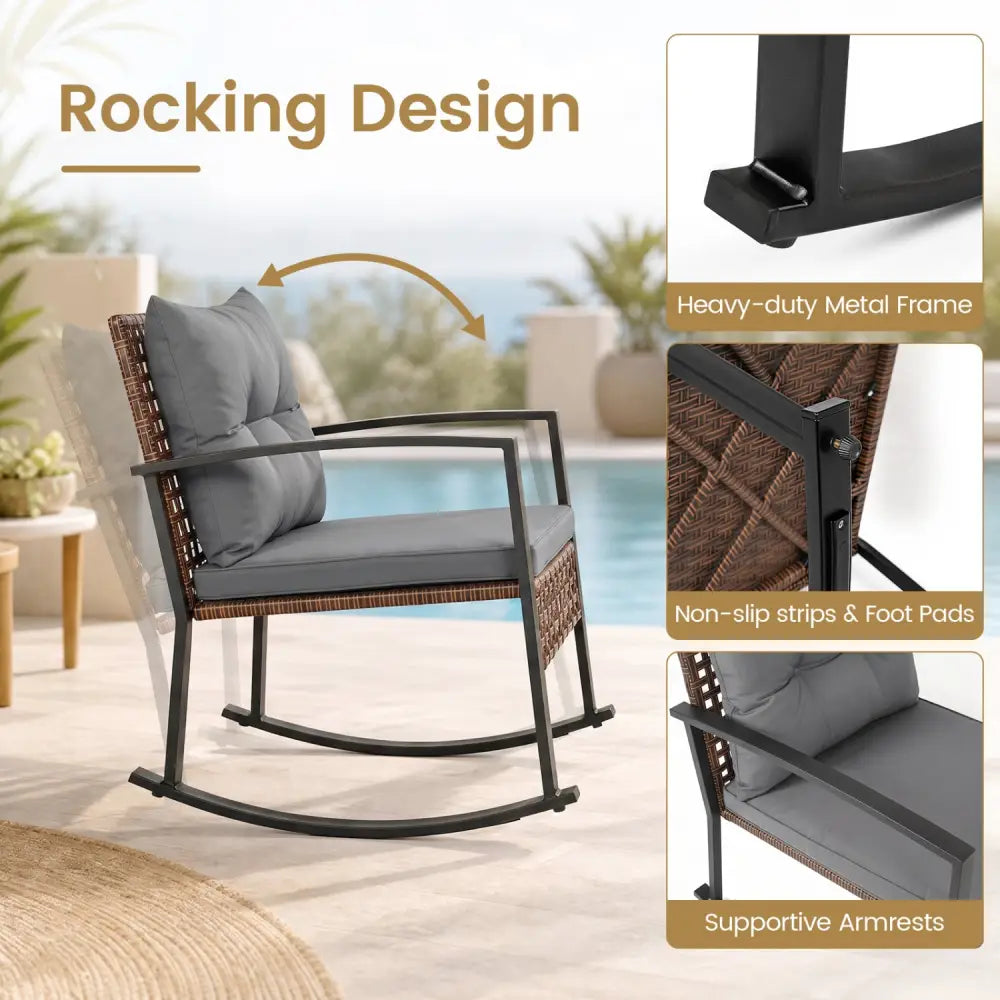 3-Piece Outdoor Rocking Chair Set-Gray - Gray - Patio Dining Sets