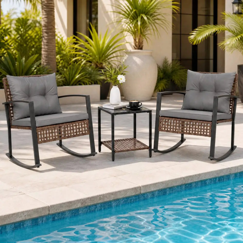 3-Piece Outdoor Rocking Chair Set-Gray - Gray - Patio Dining Sets