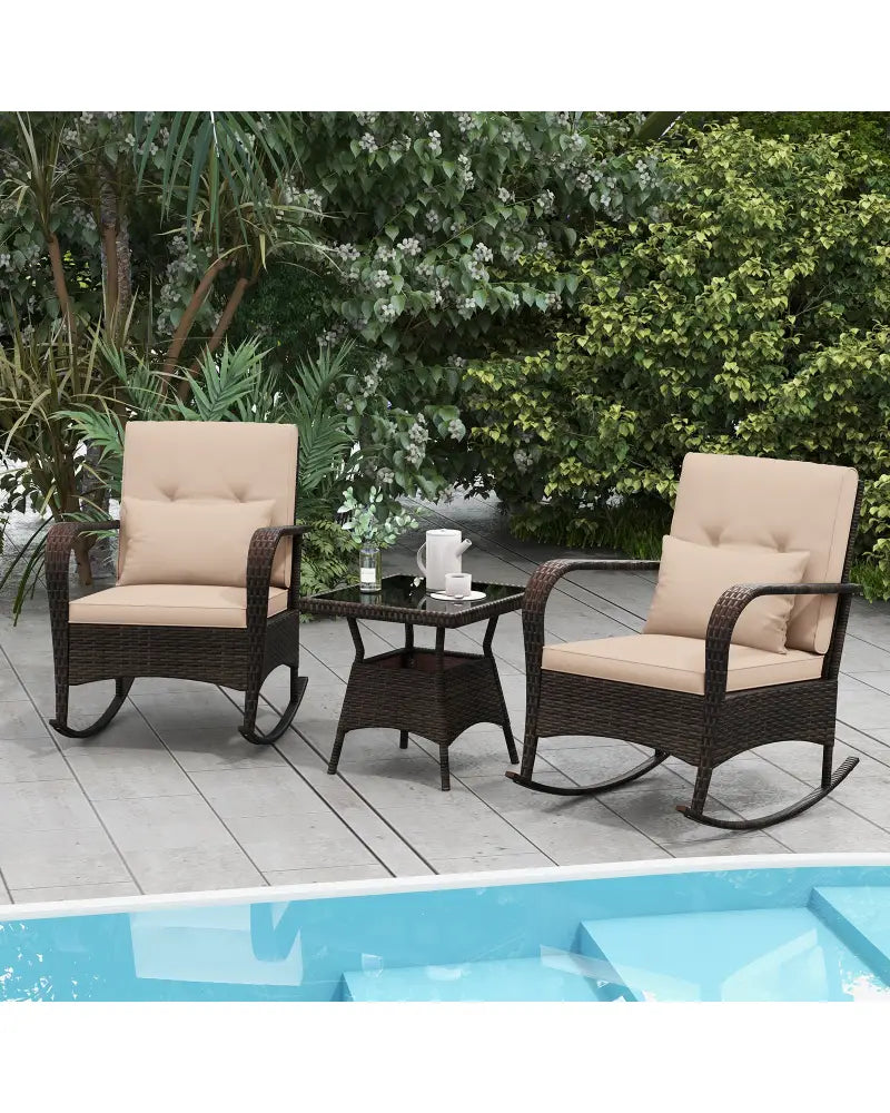3 Piece Outdoor Rocking Set with Tempered Glass Coffee Table for Backyard Poolside-Brown - Brown - Patio Furniture Sets