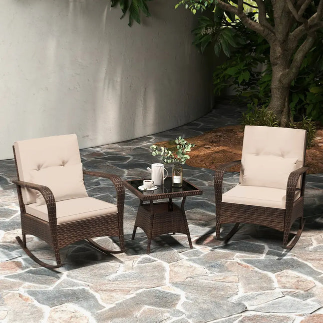 3 Piece Outdoor Rocking Set with Tempered Glass Coffee Table for Backyard Poolside-Brown - Brown - Patio Furniture Sets