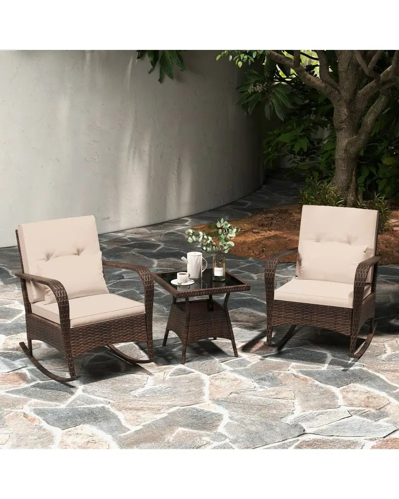 3 Piece Outdoor Rocking Set with Tempered Glass Coffee Table for Backyard Poolside-Brown - Brown - Patio Furniture Sets