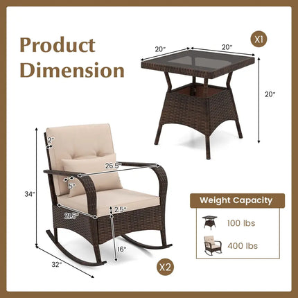 3 Piece Outdoor Rocking Set with Tempered Glass Coffee Table for Backyard Poolside-Brown - Brown - Patio Furniture Sets