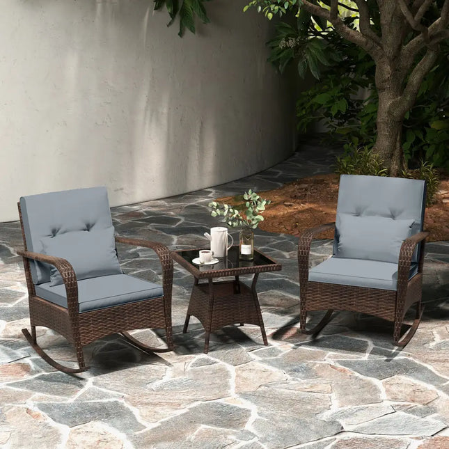 3 Piece Outdoor Rocking Set with Tempered Glass Coffee Table for Backyard Poolside-Gray - Gray - Patio Furniture Sets