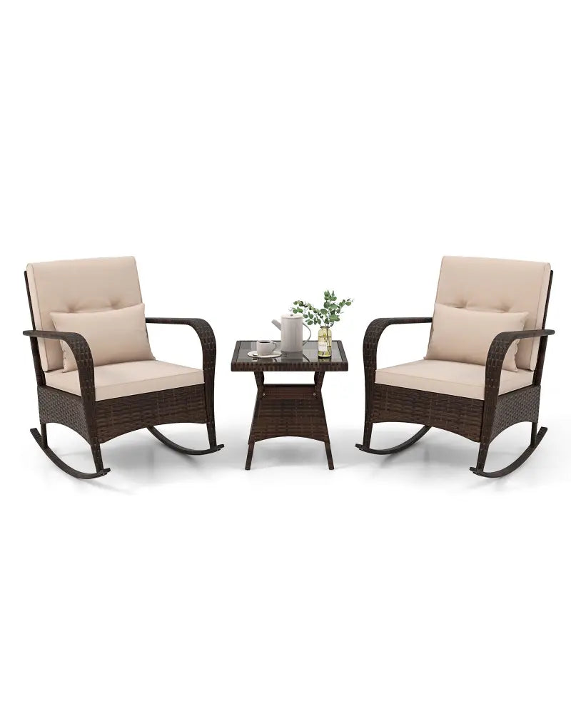 3 Piece Outdoor Rocking Set with Tempered Glass Coffee Table for Backyard Poolside-Brown - Brown - Patio Furniture Sets
