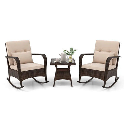 3 Piece Outdoor Rocking Set with Tempered Glass Coffee Table for Backyard Poolside-Brown - Brown - Patio Furniture Sets