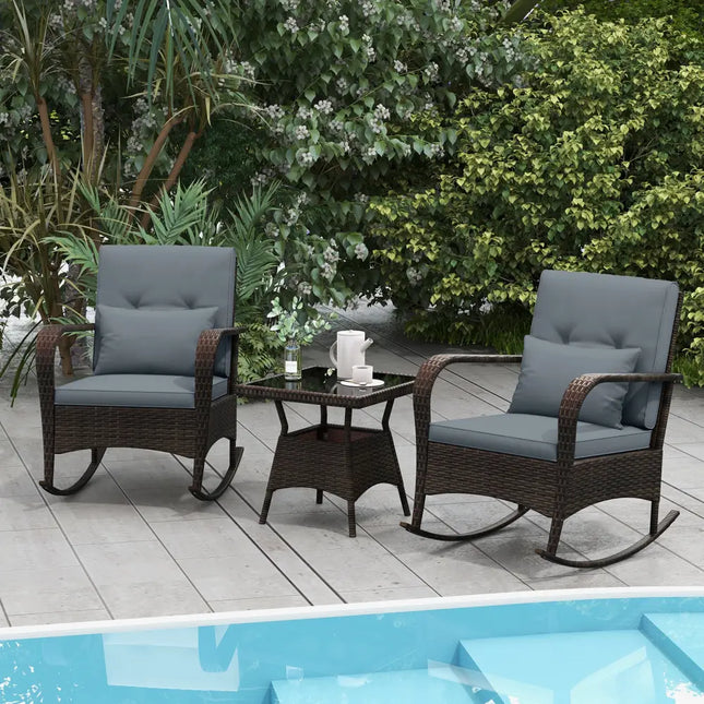 3 Piece Outdoor Rocking Set with Tempered Glass Coffee Table for Backyard Poolside-Gray - Gray - Patio Furniture Sets
