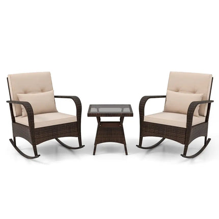 3 Piece Outdoor Rocking Set with Tempered Glass Coffee Table for Backyard Poolside-Brown - Brown - Patio Furniture Sets