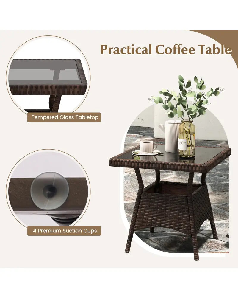 3 Piece Outdoor Rocking Set with Tempered Glass Coffee Table for Backyard Poolside-Brown - Brown - Patio Furniture Sets
