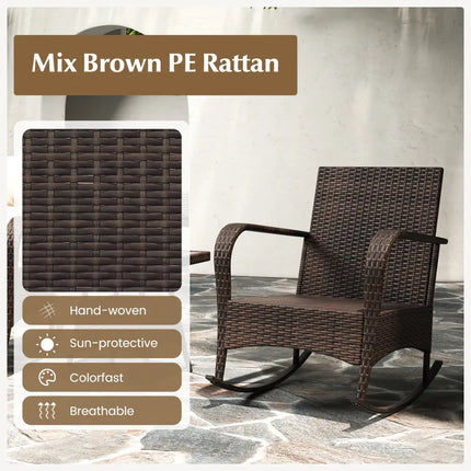 3 Piece Outdoor Rocking Set with Tempered Glass Coffee Table for Backyard Poolside-Brown - Brown - Patio Furniture Sets