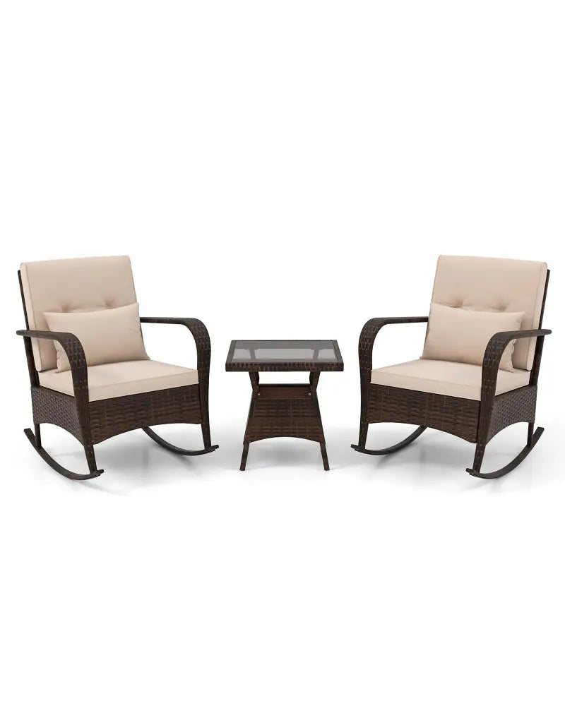 3 Piece Outdoor Rocking Set with Tempered Glass Coffee Table for Backyard Poolside-Brown - Brown - Patio Furniture Sets