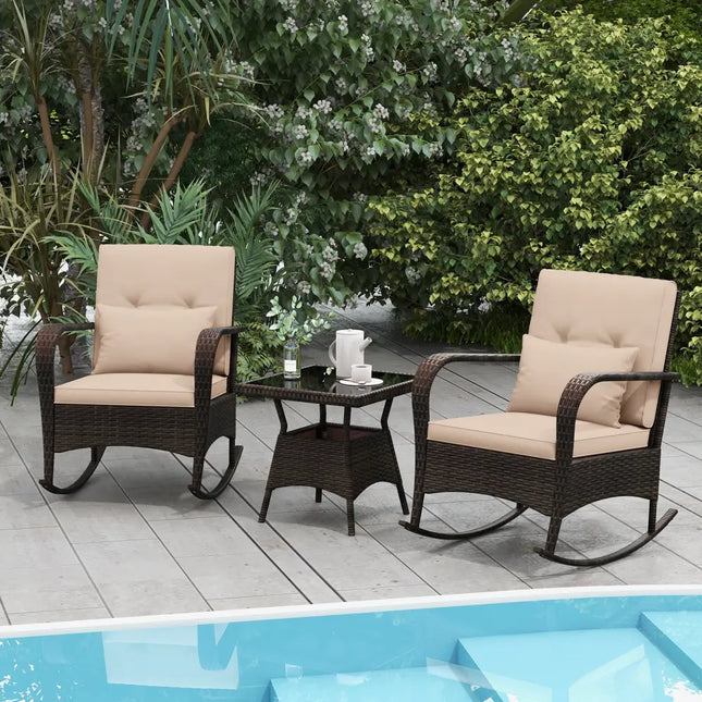 3 Piece Outdoor Rocking Set with Tempered Glass Coffee Table for Backyard Poolside-Brown - Brown - Patio Furniture Sets