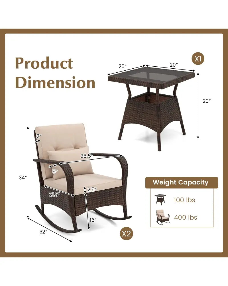 3 Piece Outdoor Rocking Set with Tempered Glass Coffee Table for Backyard Poolside-Brown - Brown - Patio Furniture Sets