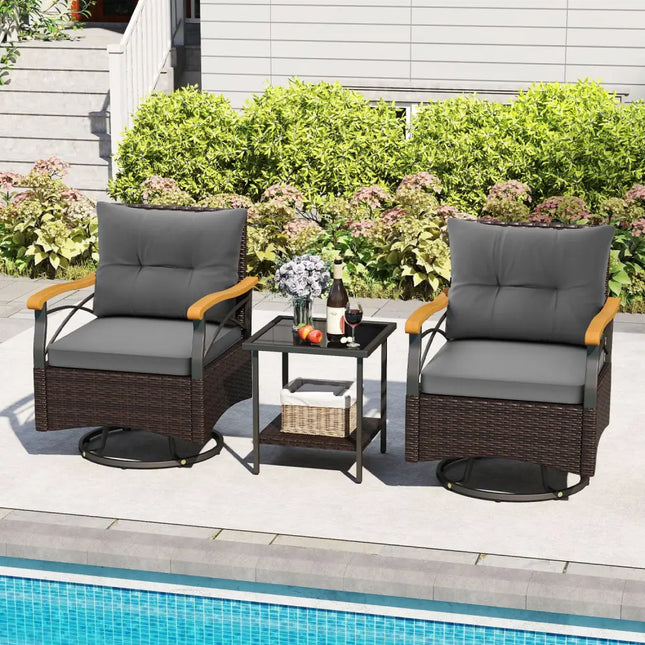 3 Piece Outdoor Swivel Chair Set with Tempered Glass Side Table-Gray - Gray - Patio Conversation Sets