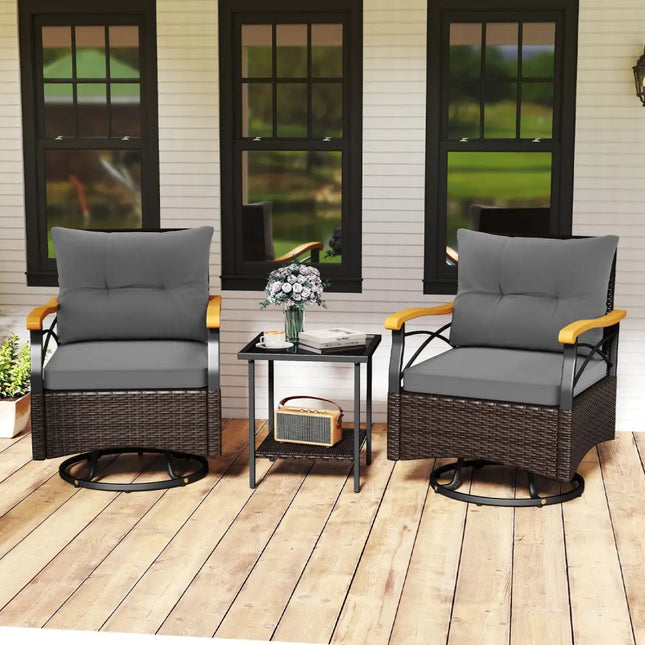 3 Piece Outdoor Swivel Chair Set with Tempered Glass Side Table-Gray - Gray - Patio Conversation Sets