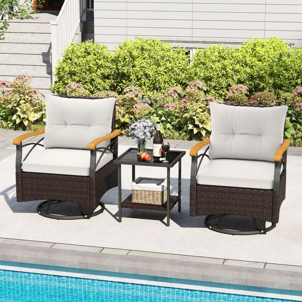 3 Piece Outdoor Swivel Chair Set with Tempered Glass Side Table-White - White - Patio Conversation Sets