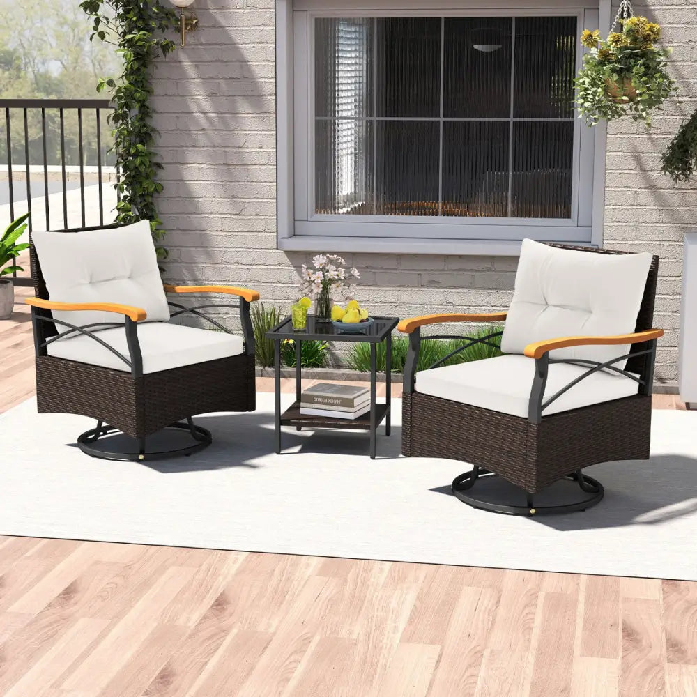 3 Piece Outdoor Swivel Chair Set with Tempered Glass Side Table-White - White - Patio Conversation Sets
