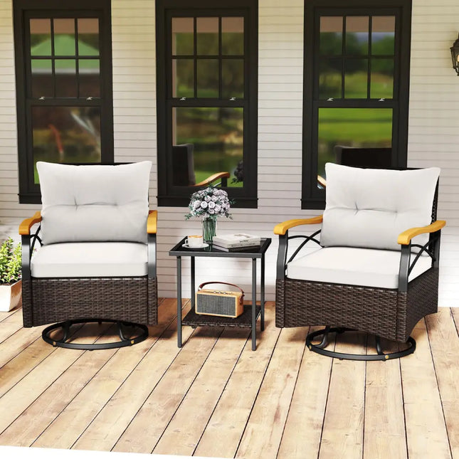 3 Piece Outdoor Swivel Chair Set with Tempered Glass Side Table-White - White - Patio Conversation Sets