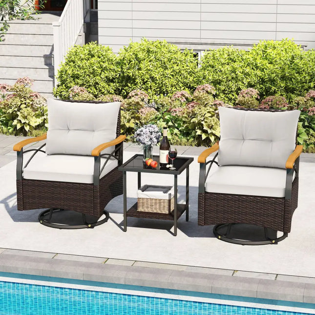 3 Piece Outdoor Swivel Chair Set with Tempered Glass Side Table-White - White - Patio Conversation Sets