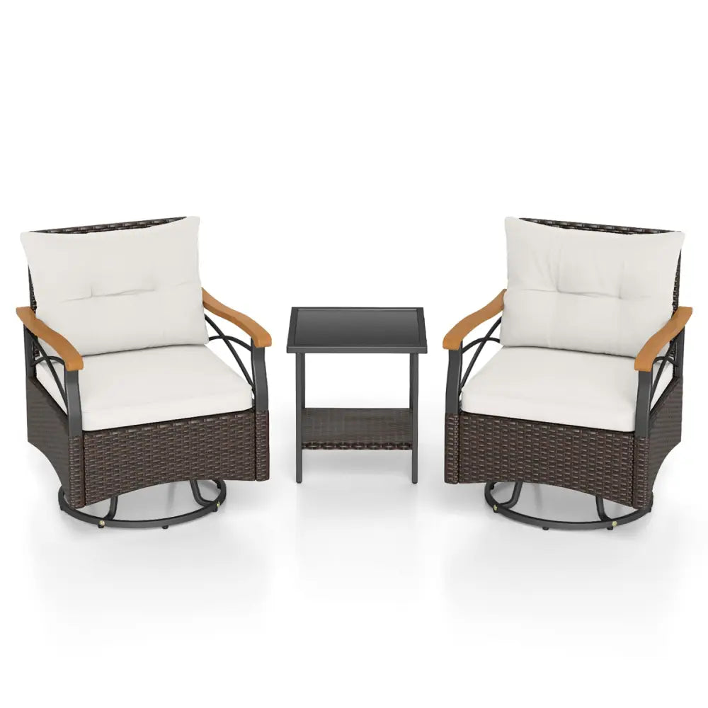 3 Piece Outdoor Swivel Chair Set with Tempered Glass Side Table-White - White - Patio Conversation Sets