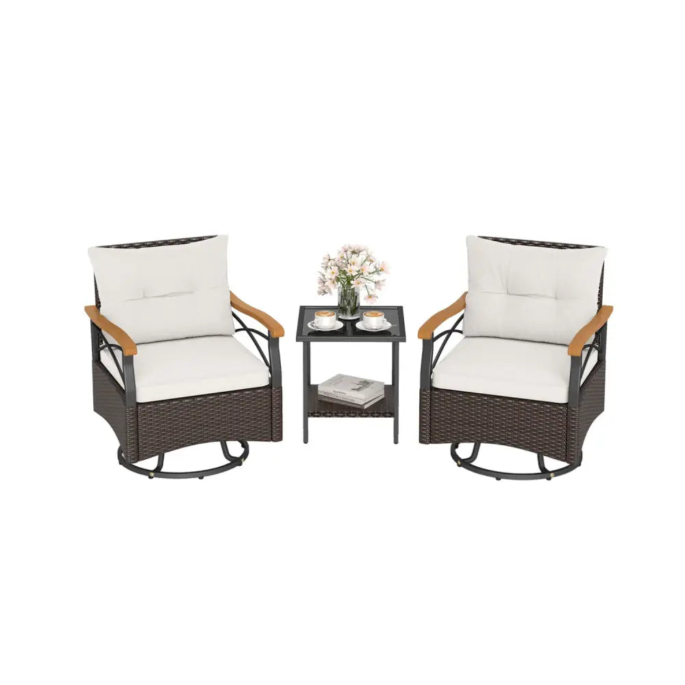 3 Piece Outdoor Swivel Chair Set with Tempered Glass Side Table-White - White - Patio Conversation Sets