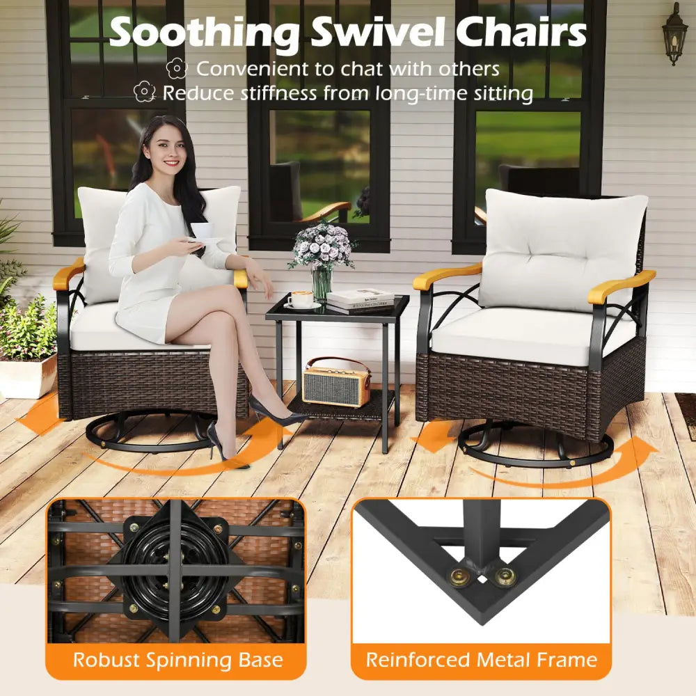 3 Piece Outdoor Swivel Chair Set with Tempered Glass Side Table-White - White - Patio Conversation Sets