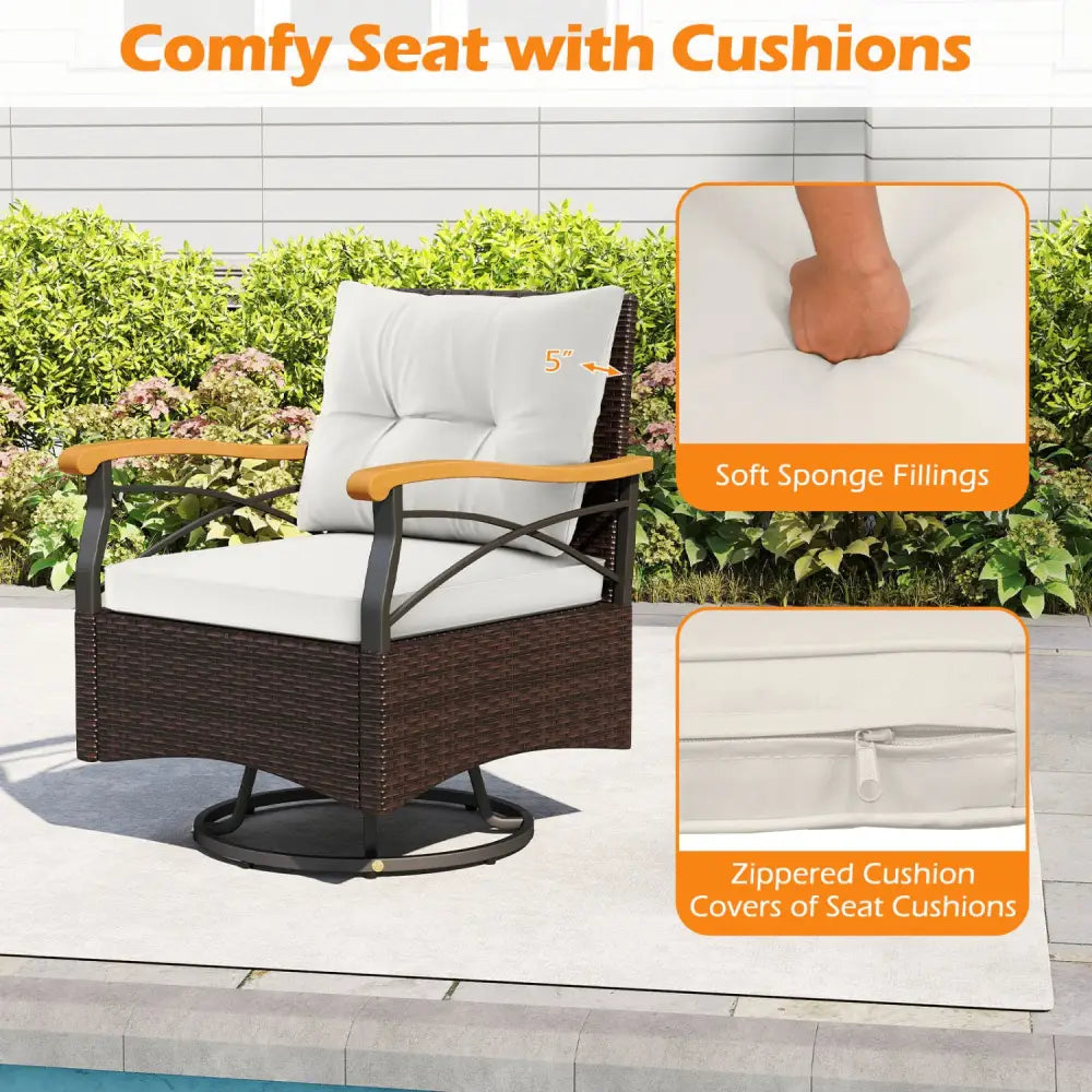 3 Piece Outdoor Swivel Chair Set with Tempered Glass Side Table-White - White - Patio Conversation Sets