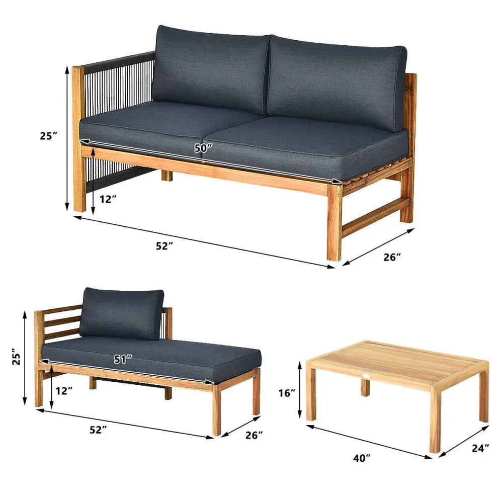 3 Piece Patio Acacia Sofa Set with Nylon Armrest - Gray - Outdoor Sectionals