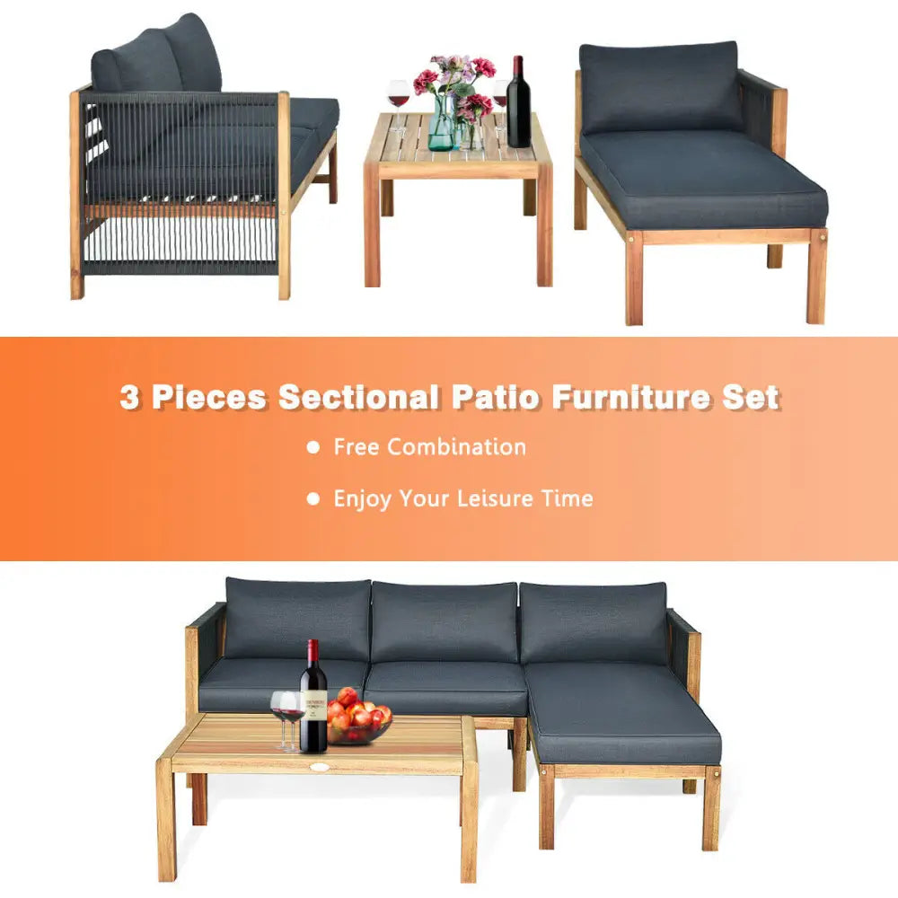 3 Piece Patio Acacia Sofa Set with Nylon Armrest - Gray - Outdoor Sectionals