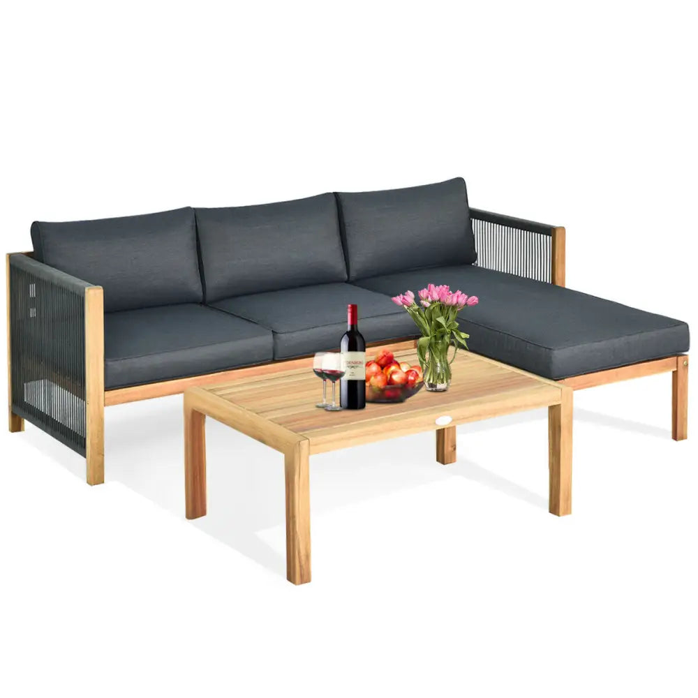 3 Piece Patio Acacia Sofa Set with Nylon Armrest - Gray - Outdoor Sectionals