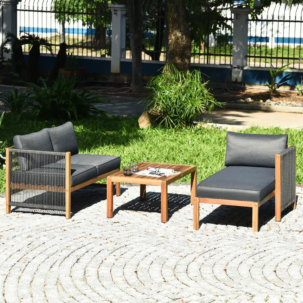 3 Piece Patio Acacia Sofa Set with Nylon Armrest - Gray - Outdoor Sectionals