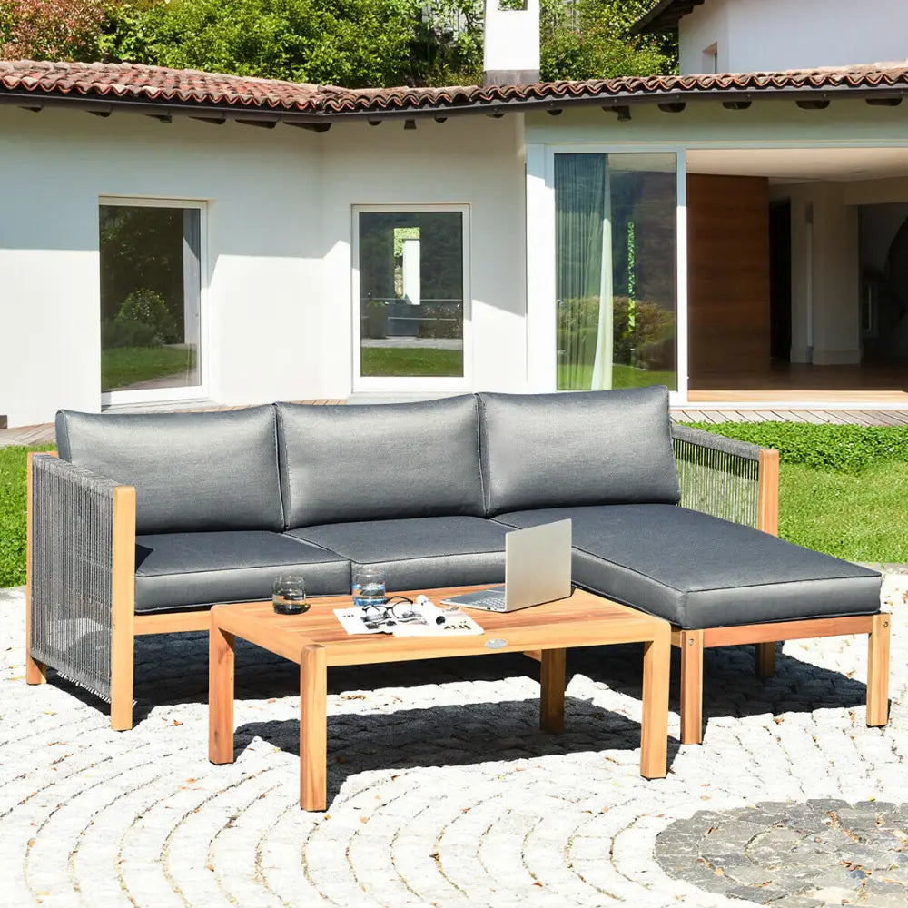 3 Piece Patio Acacia Sofa Set with Nylon Armrest - Gray - Outdoor Sectionals