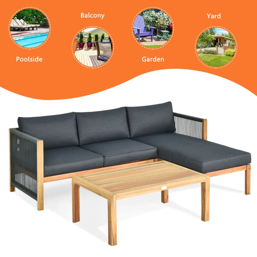 3 Piece Patio Acacia Sofa Set with Nylon Armrest - Gray - Outdoor Sectionals