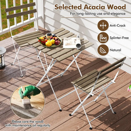 3 Piece Patio Acacia Wood Bistro Set with Slatted Seat and Tabletop-Gray - Gray - Patio Dining Sets