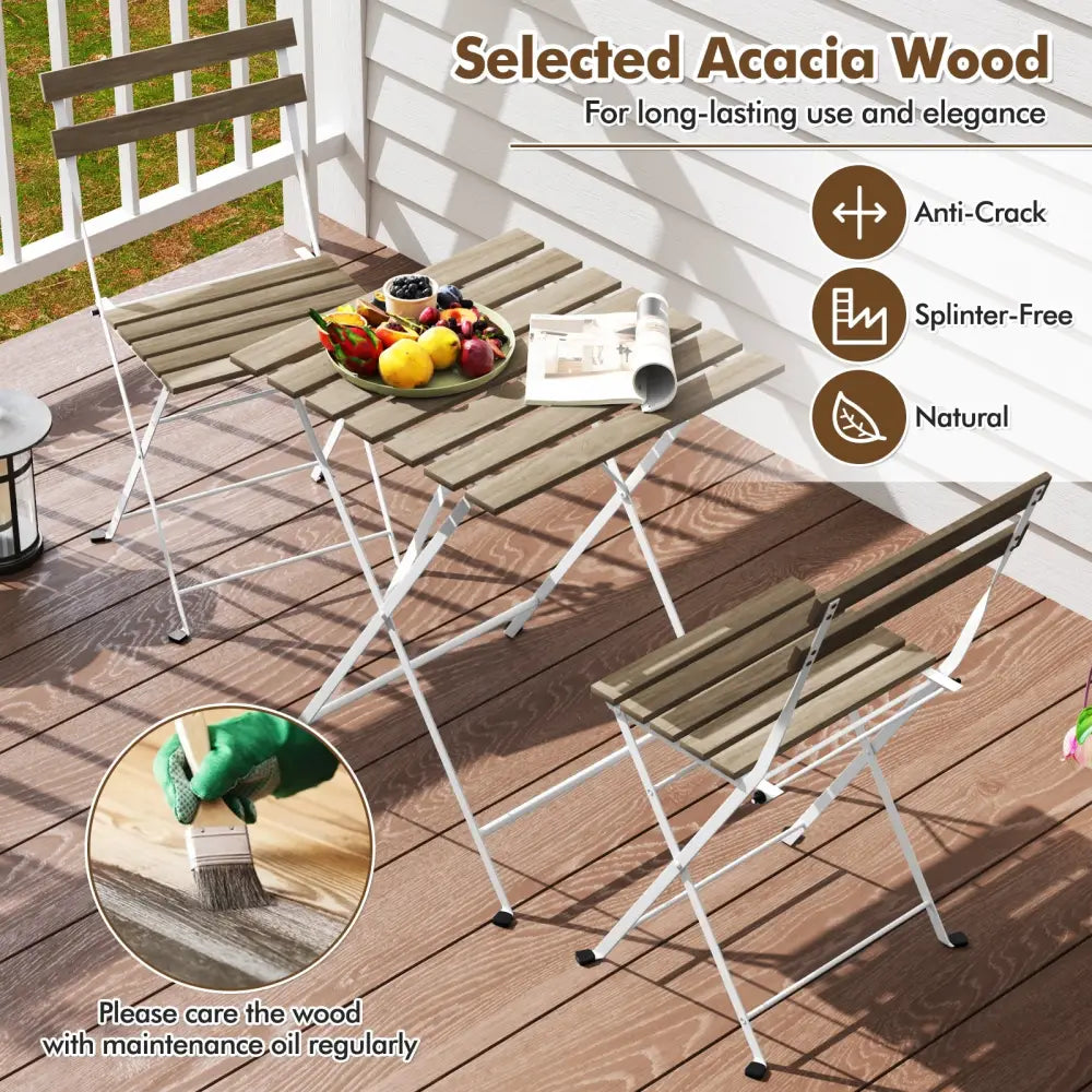 3 Piece Patio Acacia Wood Bistro Set with Slatted Seat and Tabletop-Gray - Gray - Patio Dining Sets