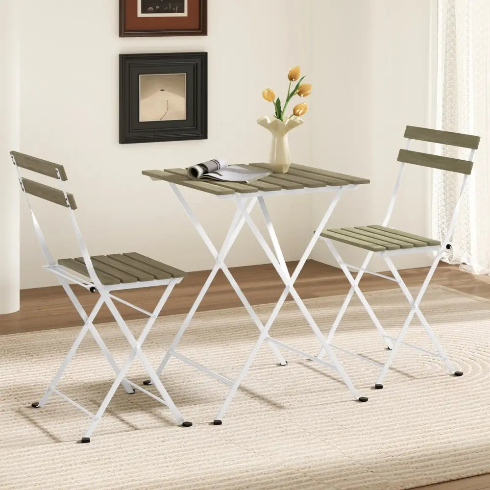3 Piece Patio Acacia Wood Bistro Set with Slatted Seat and Tabletop-Gray - Gray - Patio Dining Sets