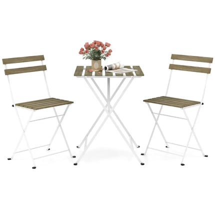 3 Piece Patio Acacia Wood Bistro Set with Slatted Seat and Tabletop-Gray - Gray - Patio Dining Sets