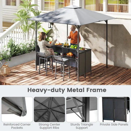 3-Piece Patio Bar Set 8 x 8 FT Double-Tier Grill Gazebo with 2 Bar Stools-Gray - Gray - Patio Bar Furniture