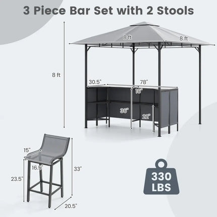 3-Piece Patio Bar Set 8 x 8 FT Double-Tier Grill Gazebo with 2 Bar Stools-Gray - Gray - Patio Bar Furniture