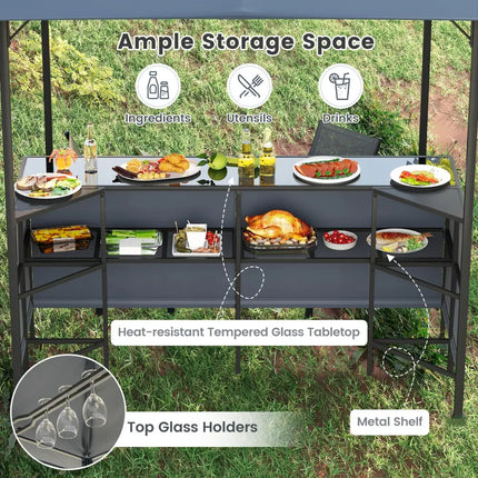 3-Piece Patio Bar Set 8 x 8 FT Double-Tier Grill Gazebo with 2 Bar Stools-Gray - Gray - Patio Bar Furniture