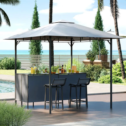 3-Piece Patio Bar Set 8 x 8 FT Double-Tier Grill Gazebo with 2 Bar Stools-Gray - Gray - Patio Bar Furniture