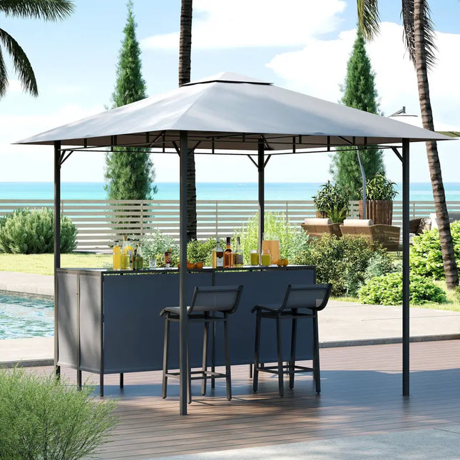 3-Piece Patio Bar Set 8 x 8 FT Double-Tier Grill Gazebo with 2 Bar Stools-Gray - Gray - Patio Bar Furniture